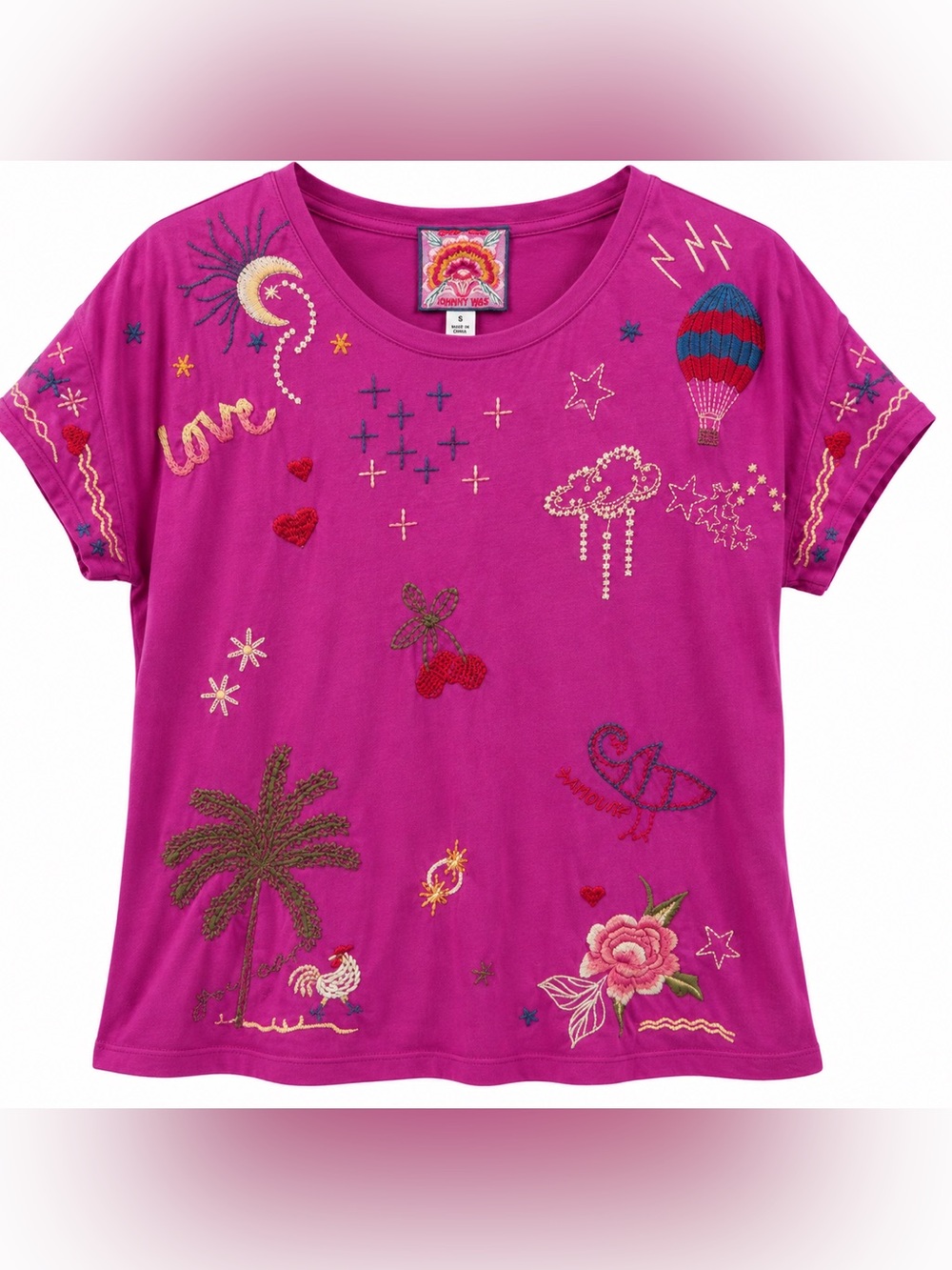 Johnny Was Embroidered Magenta Pink Tee Shirt Boho Whimsical Graphic Top